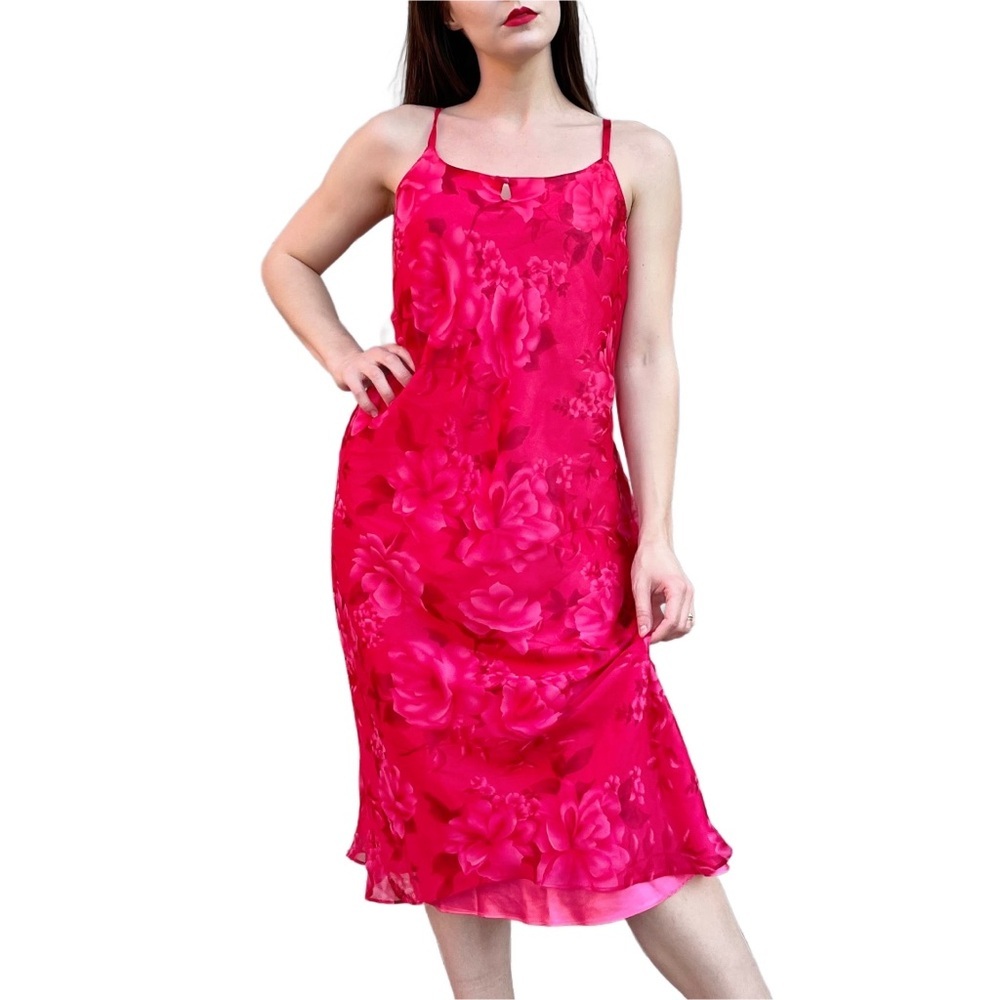 Vintage Lord & Taylor Rose Floral Pink Chiffon Midi Slip Dress Large
